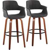 Vintage Flair 30" Swivel Bar Stool in Walnut Wood & Charcoal Fabric with Black Footrest (Set of 2)
